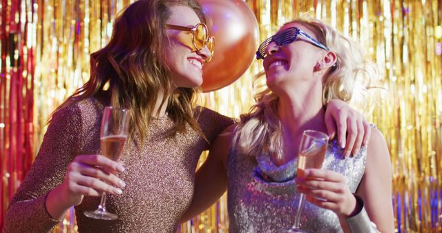 Image of two happy caucasian female friends dancing with glasses of champagne at a nightclub. Fun, drinking, going out and party concept.