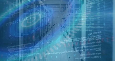 Cybersecurity concepts in modern data center with digital overlay