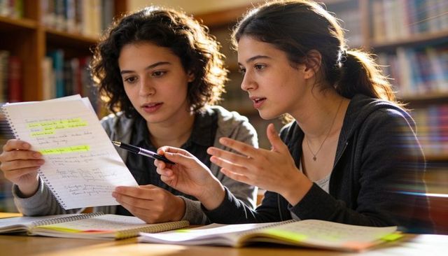 Two Female Students Studying Together in Library, Pointing at Highlighted Notes
