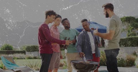 Group of Friends Grilling at Backyard Poolside Social Gathering