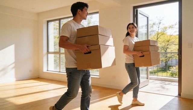 Asian couple moving into sunlit modern apartment carrying stacked moving boxes