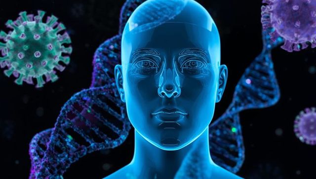 Futuristic Digital Human with DNA and Viruses in Dark Space