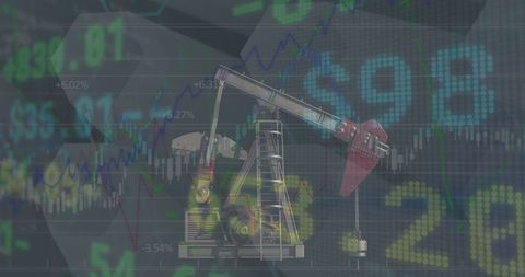 Oil Pumpjack and Financial Data Overlapping Market Graphs