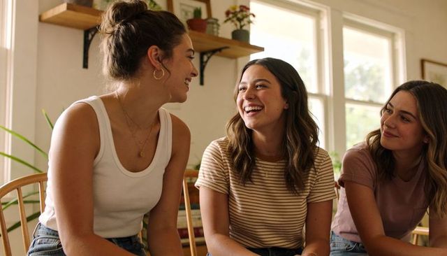 Three young women laughing and chatting in sunlit cozy dining area wearing casual denim