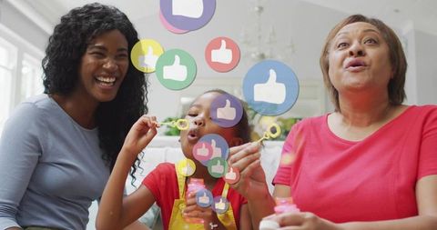 Family Fun Blowing Bubbles with Social Media Interaction Concept