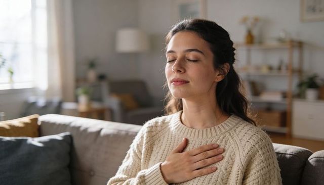 Serene woman practicing mindful breathing on cozy sofa for wellness and self-care