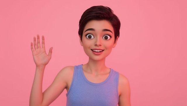 Waving teen female cartoon character smiling against pink backdrop, cheerful 3d portrait