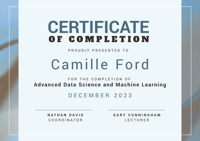 Perfect for recognizing and celebrating accomplishments in professional courses like Advanced Data Science and Machine Learning. Ideal for universities, training programs, and companies aiming to commend employee development. Comes with modern design applicable for technological and educational milestones.