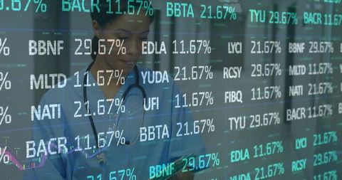 Nurse Holding Tablet with Translucent Stock Tickers Overlay Showing Data-Driven Health Finance