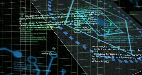Displaying neon wireframe grid with floating code blocks and diagonal node trail