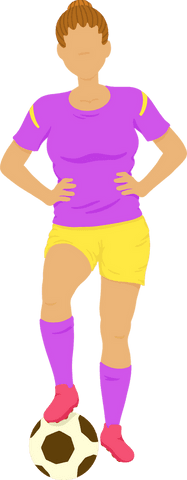 illustration shows flat design of female soccer player with hands on hips wearing colorful outfit and controlling a classic soccer ball. suitable for sports team promotions, fitness workshops, youth athletic programs, or modern sports graphics. ideal as digital design element and for educational materials focused on team sport skills and athletics.