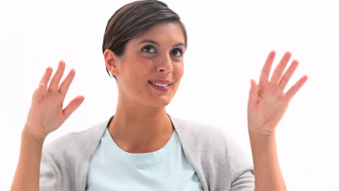 Happy Woman Dancing Joyfully in Minimalist White Background