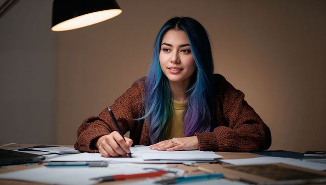 Creative young woman with blue-purple hair sketching at desk under warm lamp light