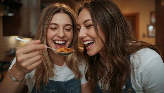Two women sharing spoonful of homemade comfort food laughing in cozy rustic kitchen