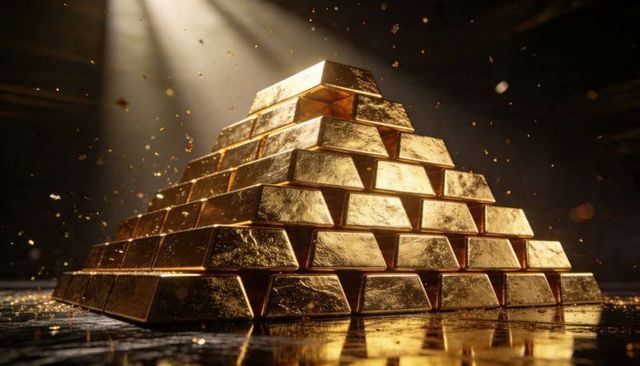 Gleaming stacked gold bars forming stepped pyramid under dramatic spotlight
