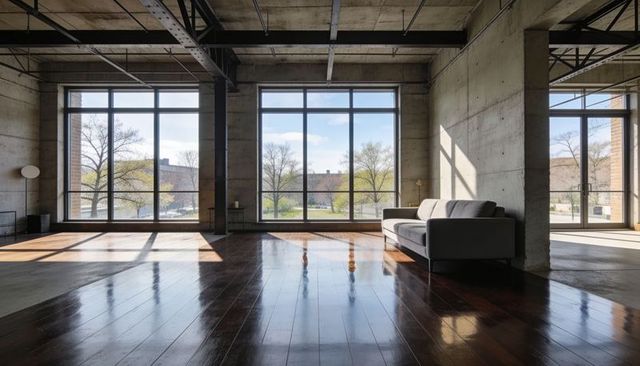 Sunlight pouring into industrial loft living space featuring gray sofa and glossy wood floors