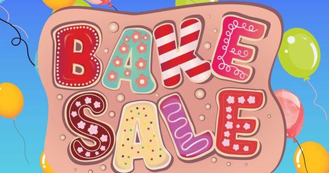 Colorful bake sale sign with icing lettering and balloons
