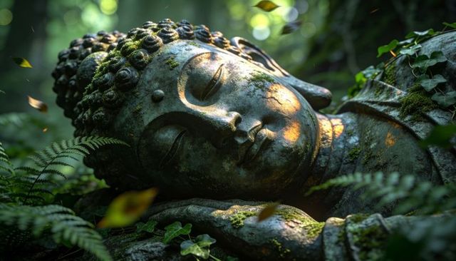 Reclining buddha head resting in mossy woodland with sunlit patina, ferns, ivy, lichen
