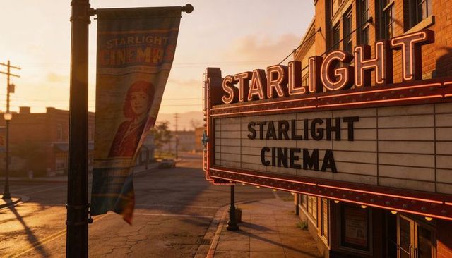 Glowing starlight cinema neon marquee projecting retro letterboard on downtown main street