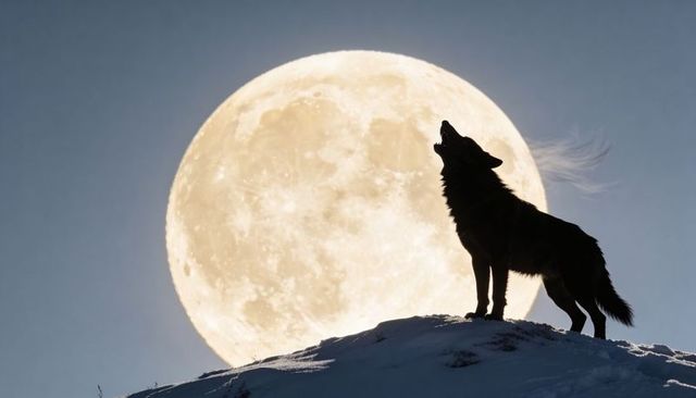 Howling wolf silhouette backlit by full moon on snowy ridge under moonlight