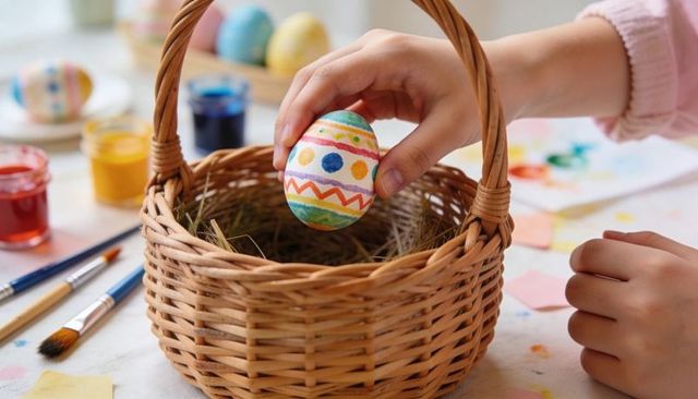 Child placing colorful painted easter egg into wicker basket at craft table