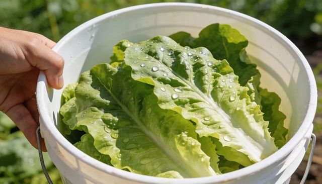 Holding bucket of fresh romaine lettuce glistening with dew during home garden harvest