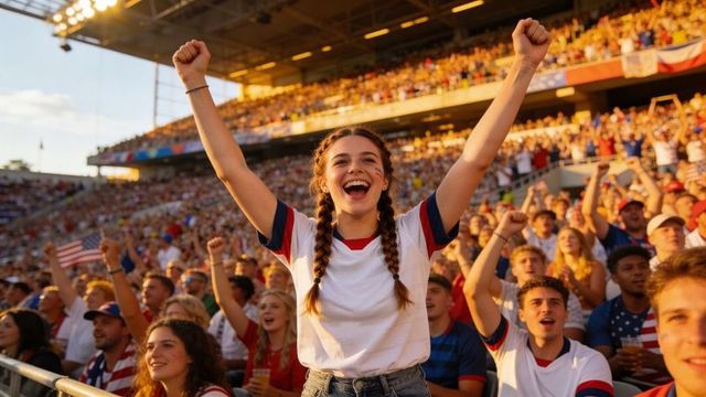Young fan celebrating with arms raised in patriotic stadium crowd during vibrant golden hour