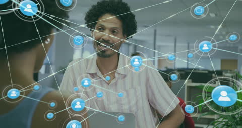 Colleagues Discussing with Digital Connections Overlay in Office