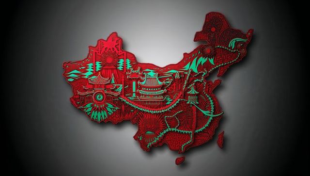 Ornamental Red and Green Stylized Map of China on Studio Background