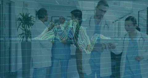 Medical Team Analyzing Patient Data with Digital Metrics Overlay