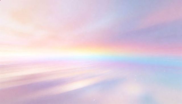 Glowing Pastel Horizon Radiating Iridescent Light Streaks Over Dreamy Reflective Plane