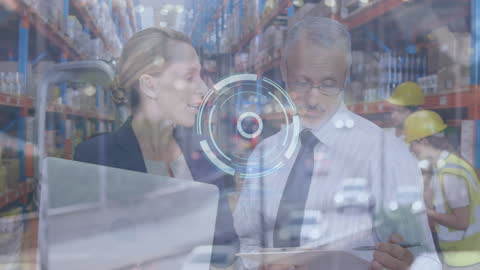 Warehouse Management Technology: Double Exposure of Team Analyzing Data