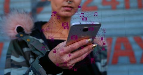 Fashionable Woman Engaging with Smartphone Technology Icons Overlaid