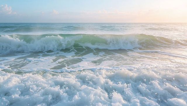 Pastel Sunrise Sea Wave Curling toward Shore with Translucent Green-Blue Crest and Foam