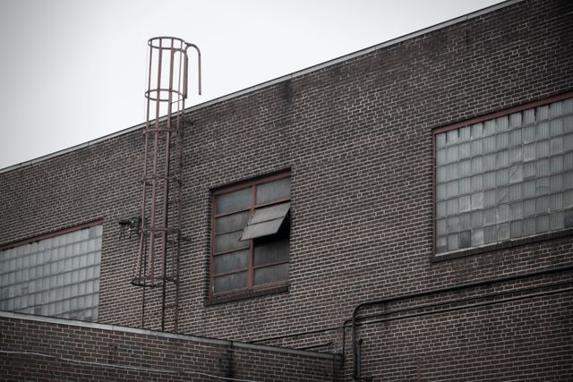 This image showcases the exterior of an industrial building featuring brick walls, grid-patterned glass block windows, and a rusted ladder attached to the wall. The single open window adds to the weathered and utilitarian appearance of the building. Suitable for use in projects related to urban architecture, industrial environments, construction, and cityscapes. Ideal for illustrating articles, blogs, or design concepts focusing on industrial settings and urban infrastructure.