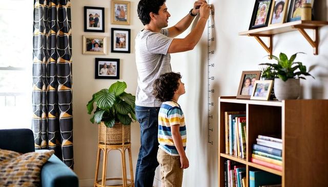 Father measuring son growth on wall ruler in sunlit living room with framed family photos