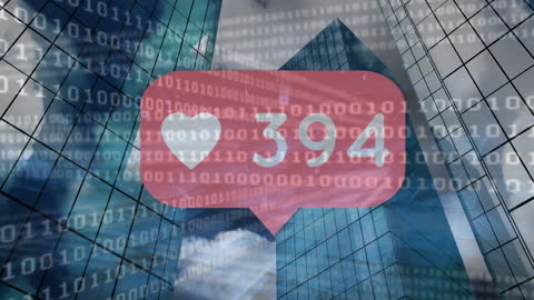 Love Notification Overlays on Digital Cityscape with Coding Graphics