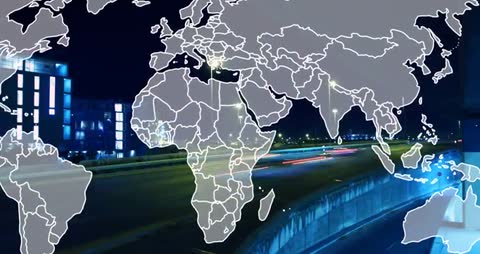 Global Connectivity Illustrated with Overlay World Map on Urban Highway