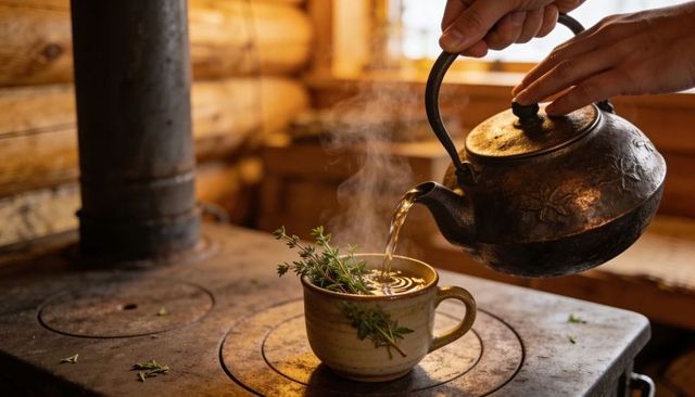 Pouring rustic kettle brewing rosemary tea on vintage wood stove in cozy cabin