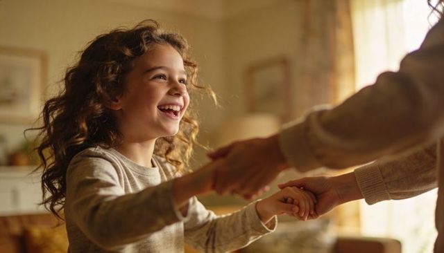 Joyful girl laughing while holding parent hands during warm family moment at home