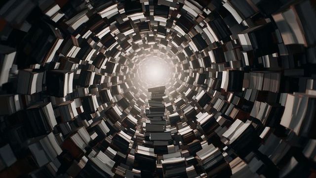 Futuristic book spiral tunnel with hardcover stacks