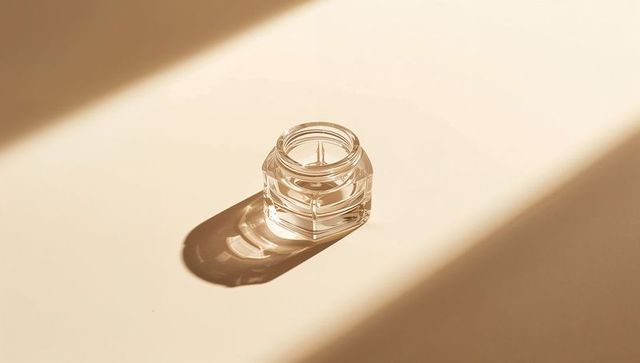 Minimalist Hexagonal Glass Jar with Elegant Shadows on Beige Surface