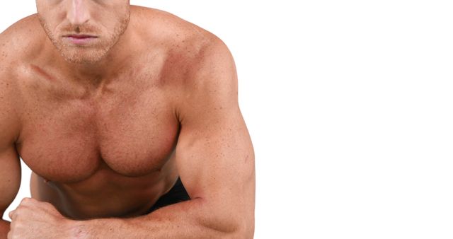 Muscular man showing upper body strength and shaping chest and arm muscles in focus. Useful for fitness motivation, workout programs, and health-related content.