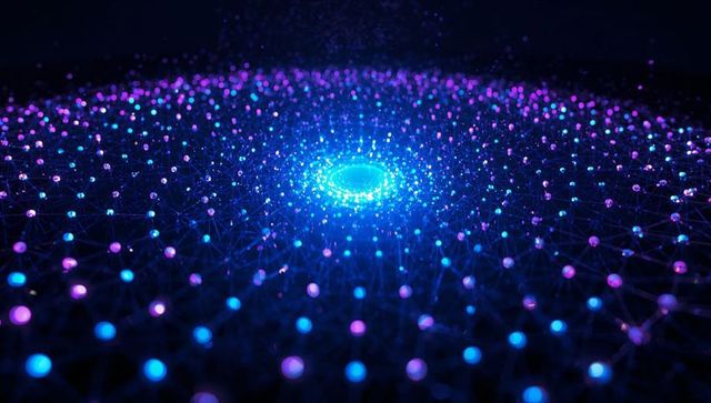 Pulsing neural network vortex radiating glowing nodes across neon data grid
