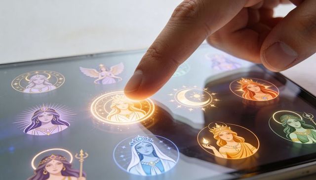 Finger Selecting Glowing Astrology App Icons on Tablet Interface with Celestial Portraits