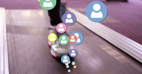 Treadmill running with floating social avatars representing fitness tracking and community