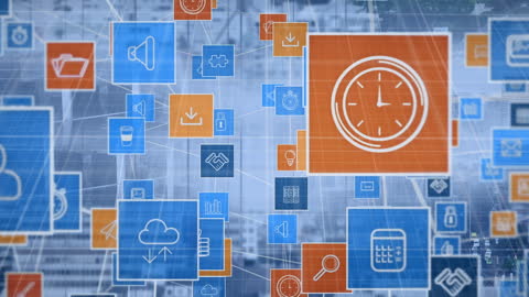 Digital Interface with Media Icons Over Lay on Cityscape