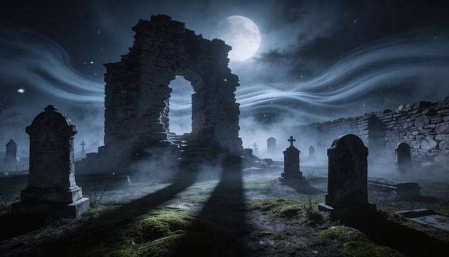 Ruined arch casting moonlight shadows over foggy graveyard