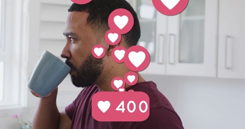 Man Enjoying Coffee Background with Virtual Social Media Engagement