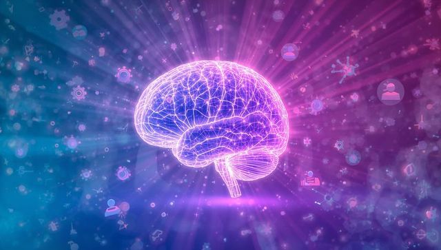 Futuristic neon wireframe brain with tech symbols and radial beams